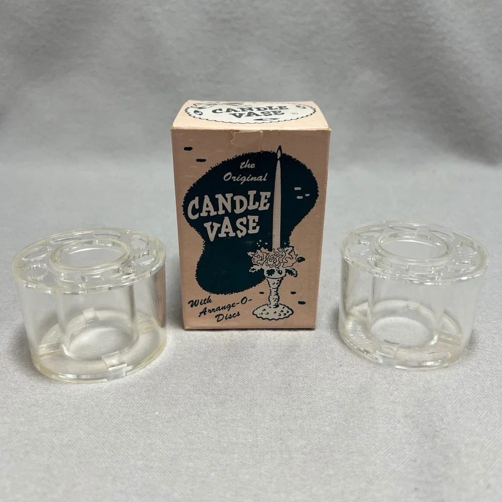 The Original Candle Vase Clear Lucite Plastic Floral Arrange-O-Disc 50s Vintage